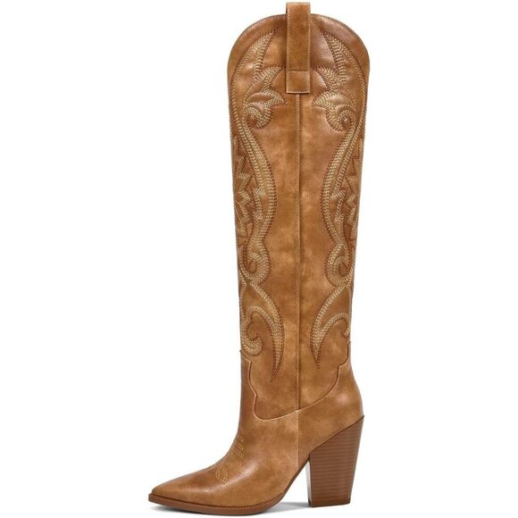 Xfvqtps Knee High Boots for Women Winter Fashion Pointed Toe  Women\'s Matte Brown Knee High Cowgirl Pointed Toe Chunky Heel Slip On Boots